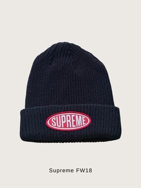 NWOT Supreme Oval Logo Knit Beanie - Black with Red Patch FW18